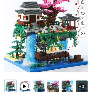 Colorful Building Block Set with Waterfall and Cherry Blossom